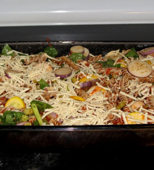 Pasta, Eggplant, Zucchini, Tomato Sauce topped with Daiya vegan cheese